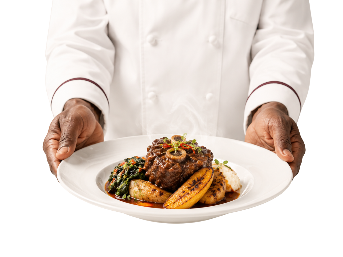 A chef presenting an elegant plated dish as an expression of care and hospitality